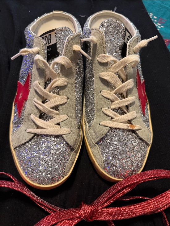Golden Goose Shoes - Golden Goose Kids Silver Glitter Sneakers with Red Star